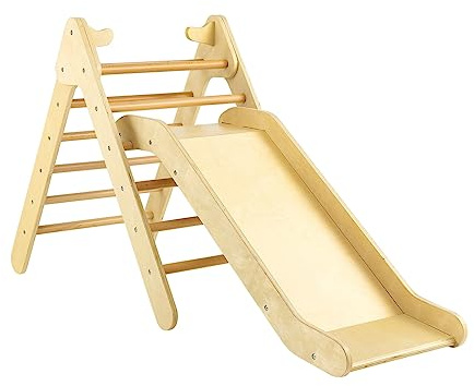 LIFEZEAL 2 in 1 Set di Arrampicata con Scivolo per Bambini, Triangolo da Arrampicata in Legno Regolabile, Giocattolo per Arrampicarsi Stabile per Bimbi 1 Anno+ (naturale)