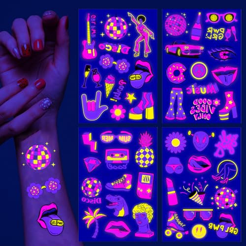 Qpout leuchten im Dunkeln temporäre Tattoos Hot Pink Preppy Neon leuchtende Tattoos Aufkleber Fluoreszierende Party Gesicht Tattoos für Mädchen Erwachsene für adrette Favoriten Vorräte