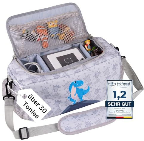bunnyboo Toniebox Tasche für 30 Hörfiguren - Ideale Tonie Aufbewahrung - Tonie Tasche XXL - Ausreichend Platz für Toniebox, Hörfiguren, Ladekabel und Kopfhörer - Inkl. Schultergürtel… (Dino)
