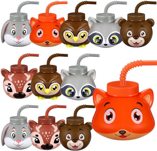 Hoolerry 12 Sets Forest Woodland Animal Party Favor Supplies Cups with Lids and Straws,10 oz Party Favor Cups for Gender Reveal Baby Shower Woodland Party and Birthday Party Supplies