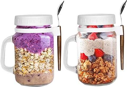 Segutage 2 Pack Overnight Oats Jars, 500ML Overnight Oats Container with Lids and Spoon, Large Capacity Oats Glass Jars for Salads Cereal Milk Porridge Fruit