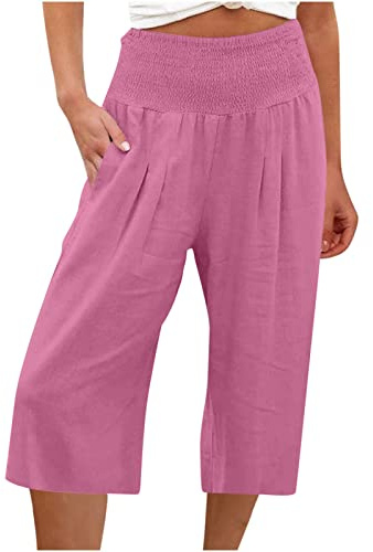 Capri Pants for Women Casual Plain Wide Leg Cropped Trousers Ladies High Waisted Loose Comfy 3/4 Length Shorts with Pockets Summer Solid Colour Crop Lounge Pants