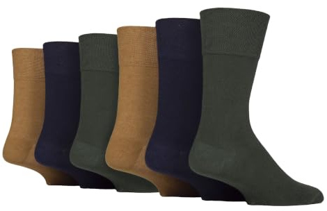 IOMI Footnurse - Calcetines para diabéticos de algodón no elásticos para hombre, 6 pares con parte superior de panal, Ocre/Azul Marino/Verde Caqui, 6-11
