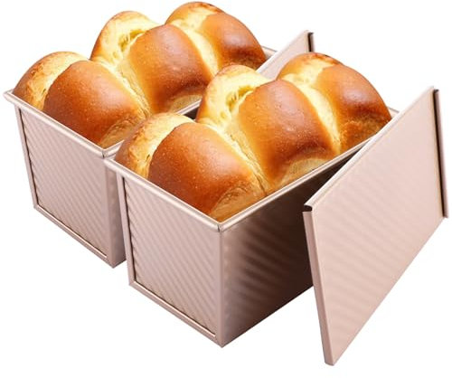 VIDETOL 2 Pcs Pullman Loaf Tin with Lid, 450g (1lb) Gold Non-Stick Bread Tin, Carbon Steel Loaf Tins for Baking, Toast, Cake, 20 x 11.5 CM