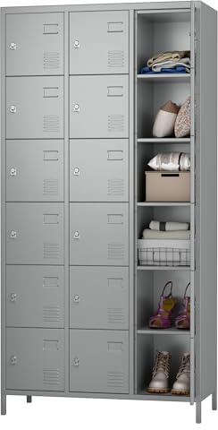 SUPEER Armoire en métal avec 18 compartiments, en métal avec aérations pour employés, salle de sport, école, bureau (Gris Clair)
