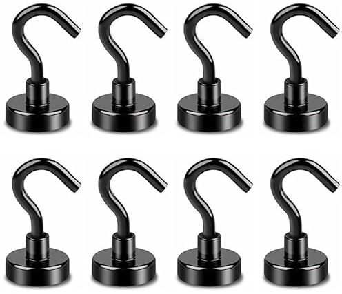 Yitobici Gancio magnetico, grande supporto magnetico, per cucina, super forte magnete con gancio, 16 mm, 8 ganci magnetici, colore nero