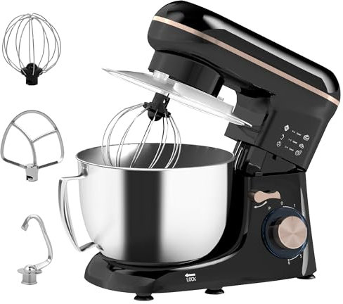 HOMCOM Stand Mixer, 4.5L Food Mixer for Baking, 6 Speeds and Pulse Setting, 1300W Cake Electric Whisk with Dough Hook, Whisk, Stainless Steel Bowl, Splash Guard, Beater, Black
