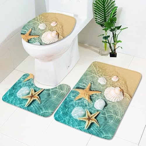 Badezimmerteppich Grüne Gelbe Muscheln WC Vorleger mit Ausschnitt WC Deckelbezug 3 Teiliges WC Teppich rutschfeste Badgarnitur U förmiger Badematte Waschbar Bad Teppiche Set 50x80 cm