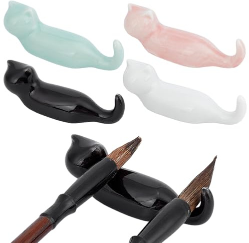 WADORN Supporto per Pennelli da Pittura A 4 Colore, Grazioso Poggia-Dipinto in Ceramica A Forma di Gatto, Porta-Bacchette in Porcellana, Materiale Artistico per Bacchette, Penna, Pennelli Sumi