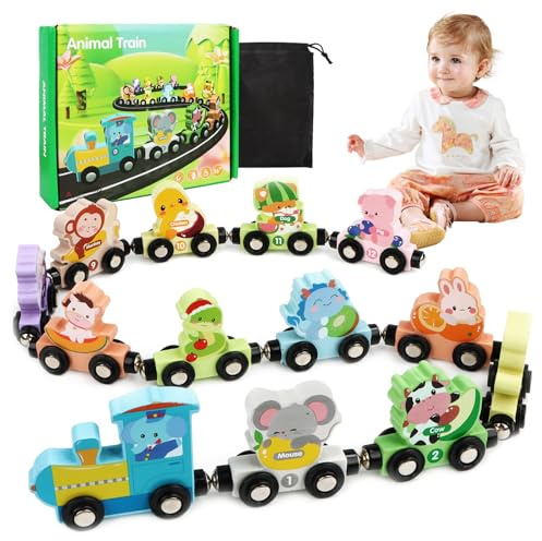 Yooyan 12 piezas Montessori Juguetes magnéticos de madera con dígitos, juguete de madera para bebé, juguete de motricidad para niños, tren digital, para juguetes educativos