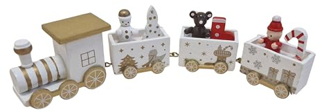 Logbuch-Verlag Train de Noël en Bois Blanc et doré, 4 pièces: décoration élégante avec Figurines Père Noël, Bonhomme de Neige, Ours et Sapin, Ornement Hivernal, 21 cm
