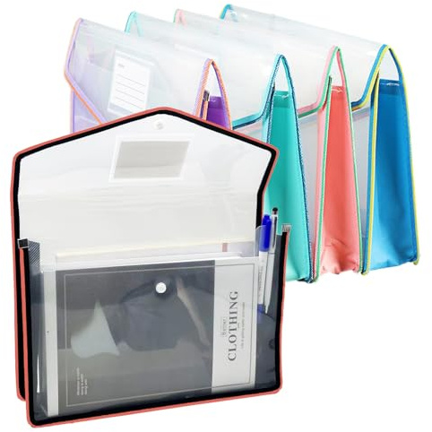 ULVBABI A4 Plastic Wallet, 5 Pcs Plastic Folders with Snap Closure and Card Slot, Popper Document Wallets A4 School Folders Files Envelope for Office Home Paperwork (5)