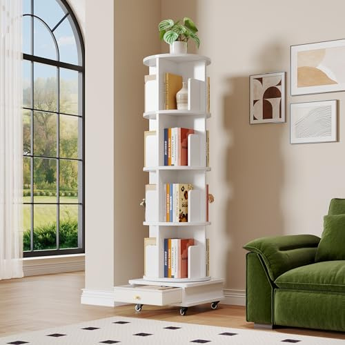 Ztexkee Librerías giratoria de 4 estantes, Librerías rotación de 360°, estantería Multifuncional 1 cajón para salón, Dormitorio, Estudio, Oficina, Blanco