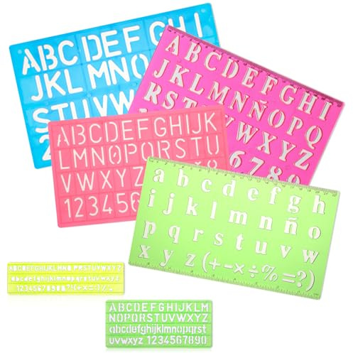 DOPENSPI Normograf, set di 6 stencil con numeri e lettere, con scala, righello da disegno, per stencil, pittura, apprendimento, fai da te