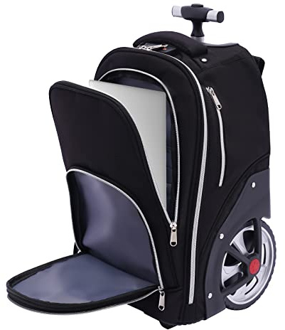 PHOYUXM Trolley ryggsäck med hjul, 45 l handbagage ryggsäck med 7 tumshjul höjd på dragstången 30–51 cm, 15 tums laptopryggsäck, reseryggsäck, stänkvatten, svart, 33 x 25 x 49 cm