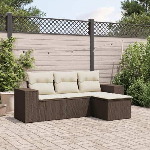 Frdhee Juego de muebles de jardín para balcón, juego de 4 piezas, sofá de jardín con cojines de ratán marrón polirratán, grupo de asientos para jardín de invierno, balcón, terraza, se puede montar