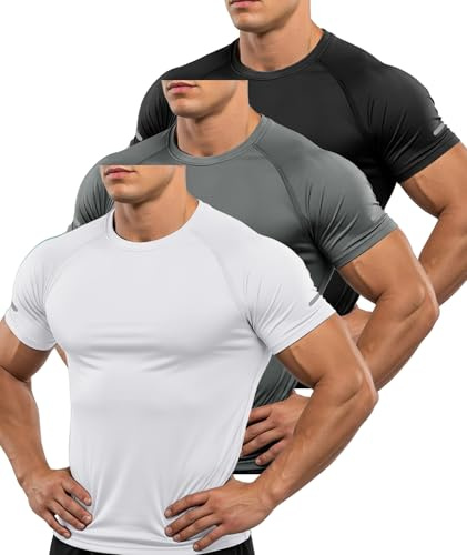 ZITY 3 Pack Mens Gym T Shirt Sport T-Shirts for Men Gym Tops Short Sleeve Shirts Breathable Training Tshirts Running Workout Tee Shirts White+Gray+Black L