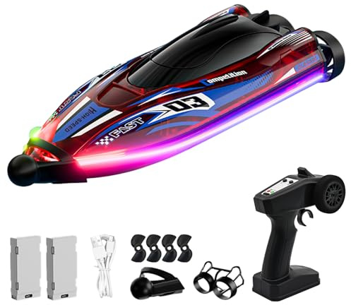 RC Boat with LED Light, Dual Brushless Remote Control Racing Speed Boat for Kids Ages 8-12 with 2 Batteries 25KM/H 2.4GHz Low Battery Pool&Lakes Summer Water Play Toy Gift for Boys Girls Adults Red