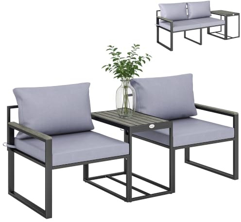 Outsunny Salon de Jardin 3 pièces Coussins 14 cm 2 fauteuils Balcon Gris | Ensemble de Jardin, Accoudoirs Composite Bois-Plastique, Mobilier de Balcon, Table d'Appoint, Assise en Textilène