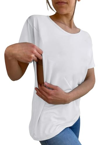 Abiti per la maternità, camicie per l'allattamento per donne con cerniera laterale UK, a maniche corte, top aperti per gravidanza, T-shirt comode, bianco, L