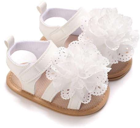 MAHUAOYIXI Baby Girl Sandals Flower Embroidery Princess Shoes Birthday Wedding Sandals First Walkers Anti-Slip Sneakers Soft Sole Prewalkers First Walking Flats for 0-18 Months (White, 6-12 Months)