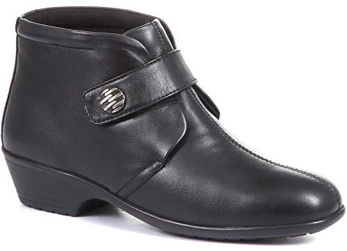 Pavers Ladies Leather Ankle Boots in Black - Touch-Fasten Strap with Mock Button Detail - Wide Fit - Soft-Cushioned Insole - Size UK 6 / EU 39