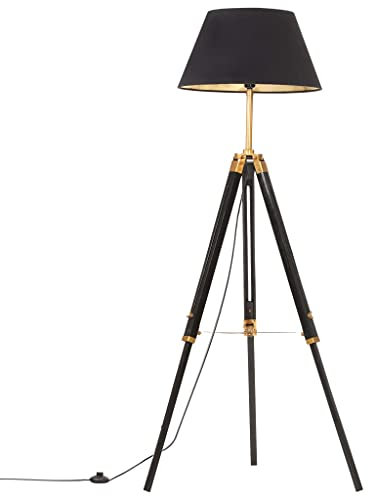 vidaXL Teak Massiv Stativlampe Höhenverstellbar Vintage Retro Standleuchte Stehlampe Stehleuchte Standlampe Lampe Leuchte Schwarz Golden 141cm