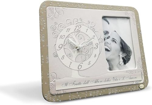 Orologio con Portafoto cornice da tavolo in Ecopelle Brillante Tortora con Stampa “Albero Dedica” in scatola da regalo. Bomboniere, anniversari. Regali utili, Originali Prezzi bassi (21,5x16,5cm)