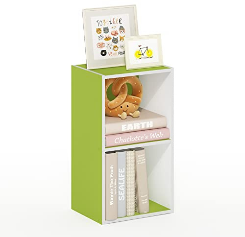 Furinno PASIR Book Shelf, 2-Tier Modern Bookshelf, Open Shelves Bookcase 9 x 12 x 21, for Living Room, Bedroom, Home Office, Green/White