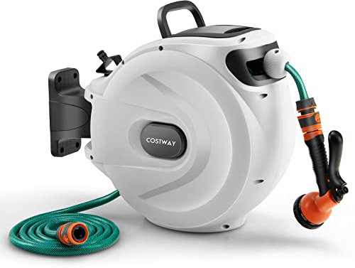 COSTWAY Retractable Hose Reel, 8 in 1 Nozzle Wall Mounted Garden Hose with 15+1M/20+2M/30+2M Pipe, Hose Locking Mechanism, 180°Swivel & Auto Rewind Design (with 8 in 1 Nozzle, 20+2M Pipe, 40x20x37cm)