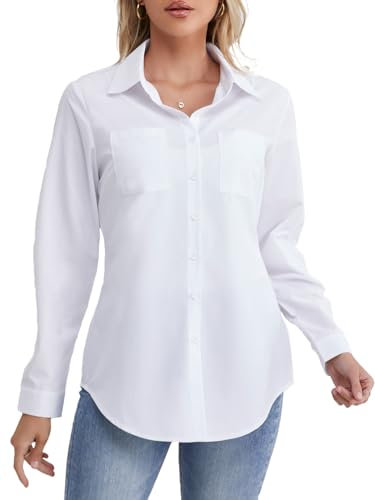 fuinloth Womens Shirts, Long Sleeves Button Fit Down Cotton Denim Jean Blouse Elegant Tops White XL
