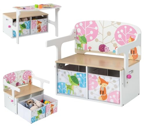 Maxmass 3-in-1 Kids Table and Chair Set, Convertible Toddlers Bench Storage Chest with 2 Removable Fabric Bins, Wooden Toy Storage Organizer Toy Box for Children Room, Playroom, Daycare (White)