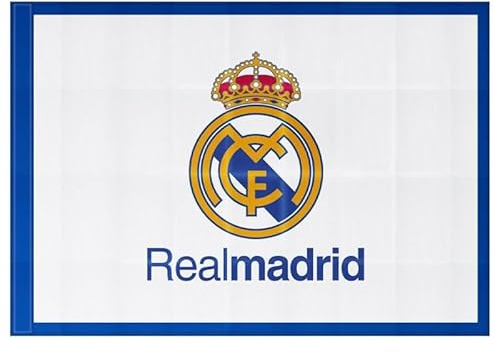 Real Madrid Bandera fondo blanco filos azules 150x100 centímetros producto oficial adaptada para poner palo