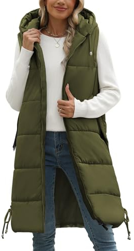 Tuopuda Gilet Donna Lungo, Smanicato Piumino Invernale con Cappuccio, Cappotto Senza Maniche Termico Giubbotto Imbottito Giacca Trapuntato con Cerniera e Tasche, verde militare, S