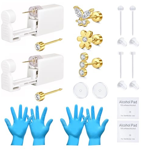 VFUN Pistola per fori per orecchio, usa e getta, in oro e argento, set di strumenti per bussiness Pierce a casa, acciaio inox