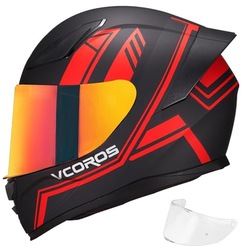 VCOROS Full Face Motorcycle Helmet for Unisex-Adults DOT Approved WS-609 Motorbike Street Bike Racing Helmets with Visor (Matte Red Lines,L)
