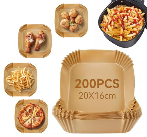 Mocraft 200 Stück Backpapier für Heißluftfritteuse 4,5-6L, 16-20cm Rechteckig Airfryer, Einwegschalen für Backofen, Mikrowelle, Dampfgarer, Öl- und Wasserdicht