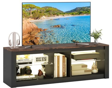 Multigot LED TV Stand for 65 Inch TVs, 140cm Media Entertainment Center TV Unit with RGB LED Lights and Adjustable Glass Shelves, Wooden TV Console Table for Living Room Bedroom (Black + Brown)