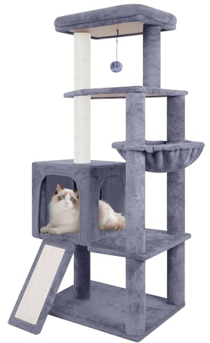 TWDEPART 55 All-in-One Cat Tree Tower with Scratching Board & Posts Cozy Sleeping Perch Hammock and Toy Balls,Grey