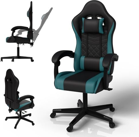 Juskys Gaming Stuhl – PC Stuhl & Bürostuhl in einem, ergonomisch, verstellbare Rückenlehne, höhenverstellbar, Kunstleder Gaming Chair Schwarz/türkis