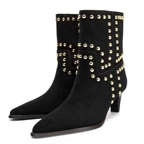 BANGTEUO Womens Suede Studded Kitten Heel Ankle Boots Fashion Pointed Toe Pull On Low Heel Mid-Calf Booties For Party Prom Dressy Dating (Black,numeric_8)