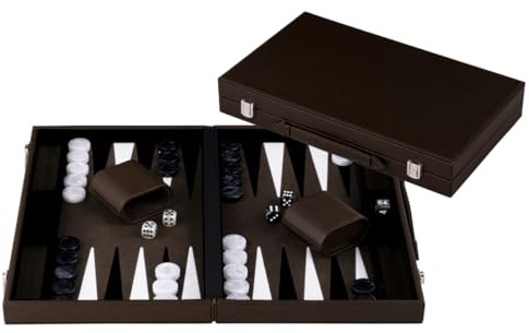 Engelhart-250562 – Backgammon 15 Pulgadas (38,6 cm) Maletín Lujo Cuero Verde Oliva/Crema – Tablero Incrustado – Abierto 47,4 × 38,6 cm – Fichas Negras/Blancas – Dados y Cubiletes – Juego de Lujo