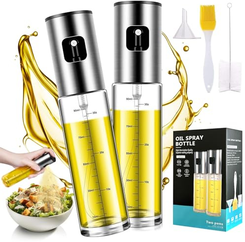 PUWOWYE 2 Pezzi Nebulizzatore Olio, 100 ML Spruzzino Olio per Friggitrice Aria in Acciaio Inossidabile Vetro, Oliera Spray Oliva per Cucina con Imbuti, per Insalate/Grigliare/Pasta/BBQ