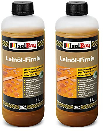 Isolbau Leinöl-Firnis - 2 x 1 Liter - Leinöl für Holz - Holzschutz für Außen und Innen Wetterfest - Doppelt gekochtes Holzöl als natürlicher Schutz für Möbel - Wasserabweisend