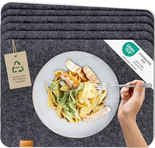 MIQIO® Manteles Individuales de Fieltro en Estilo Escandinavo - Fieltro y Cuero - Lavable | Set de 4 Manteles de Fieltro 44x30 cm | Manteles para la Decoración de la Mesa de Navidad | Gris Oscuro