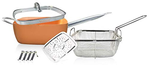 SIMPLE & Co Kupfer Tiefe einseitige quadratische Pfanne, 9,5 Zoll Antihaft-Kupferpfanne 8-teiliges Set Induktionsbasiertes Kochgeschirr-Set (Kupfer)