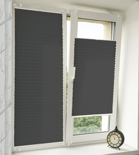 Vkele Plissee ohne Bohren Klemmfix – Faltrollo Jalousie Anthrazit 80x130cm(BxH), Lichtdurchlässig & Blickdicht, Sonnenschutz & Sichtschutz, Easyfix Rollo für Fenster & Tür