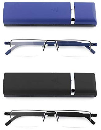 MMOWW Reading Glasses with Ultralight TR90 Frame, for Men and Women Metal Half Rim Slim Style Glasses Reading Aid with Portable Case (Black and Blue, +2.5)