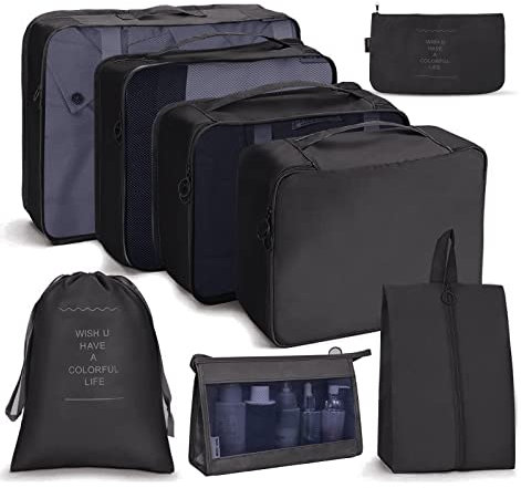 OSDUE Koffer Organizer Set 8-teilig, Packing Cubes, Wasserdichte Reise Kleidertaschen, Packtaschen für koffer, Verpackungswürfel mit Kosmetiktasche, Schuhbeutel, USB Kabel Tasche (Schwarz)