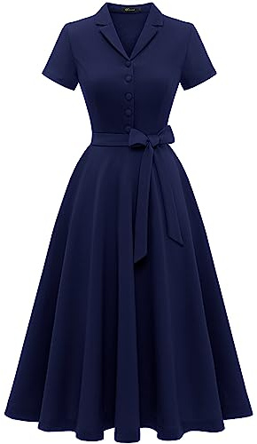 Wedtrend Women's Vintage Tea Dress, Short Sleeve Cocktail Party Church Casual Dress, Navy, XX-Large